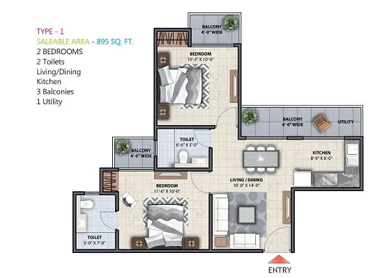 2 BHK · 895 sq.ft. floor plan — 895 sq.ft. layout for Mayfair Residency