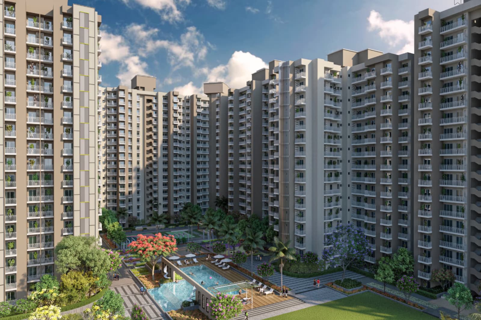 Mayfair Residency towers overlooking the swimming pool and pool deck by day